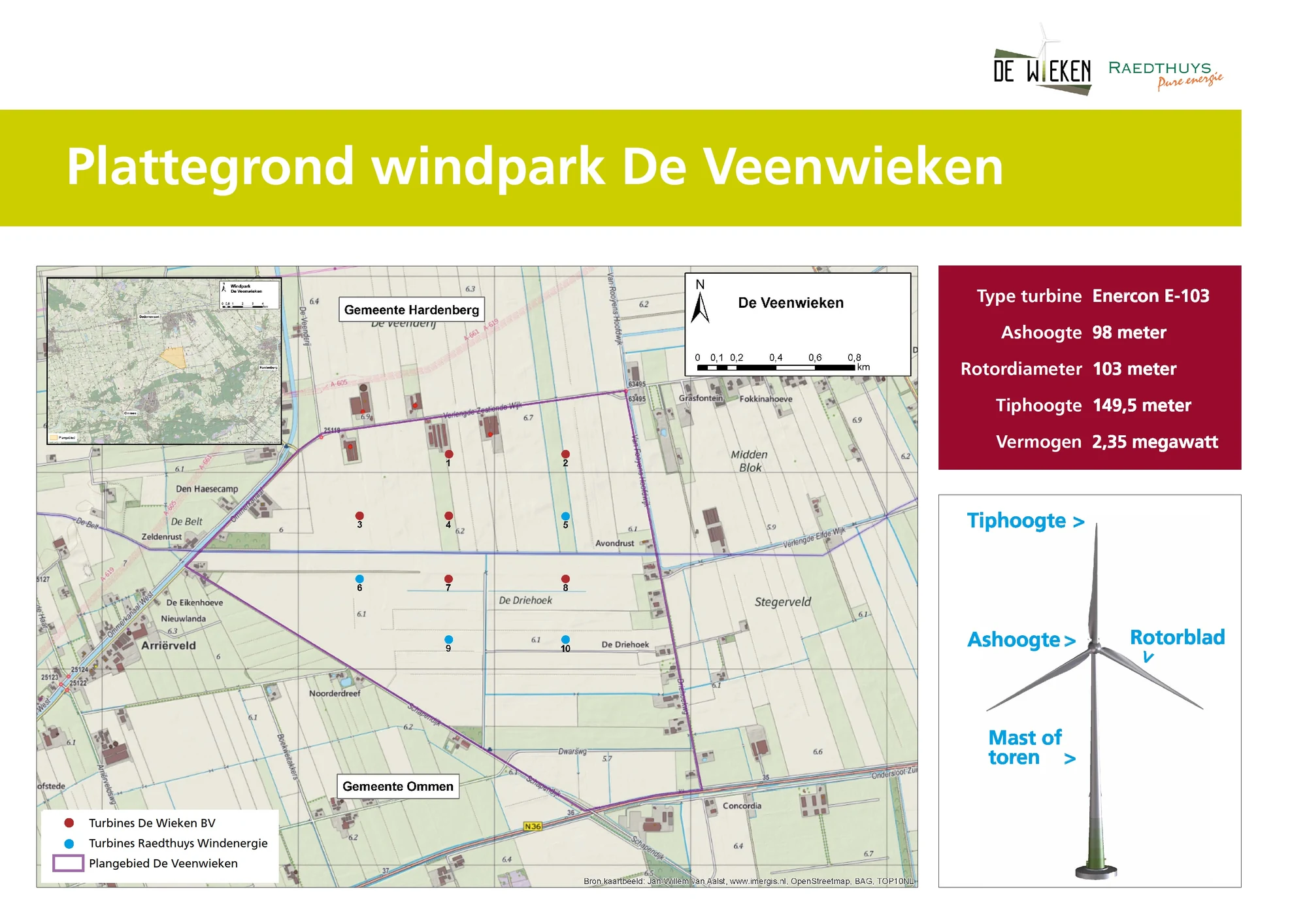 Officiële locatiekaart van Windpark De Veenwieken met de tien bestaande turbineposities