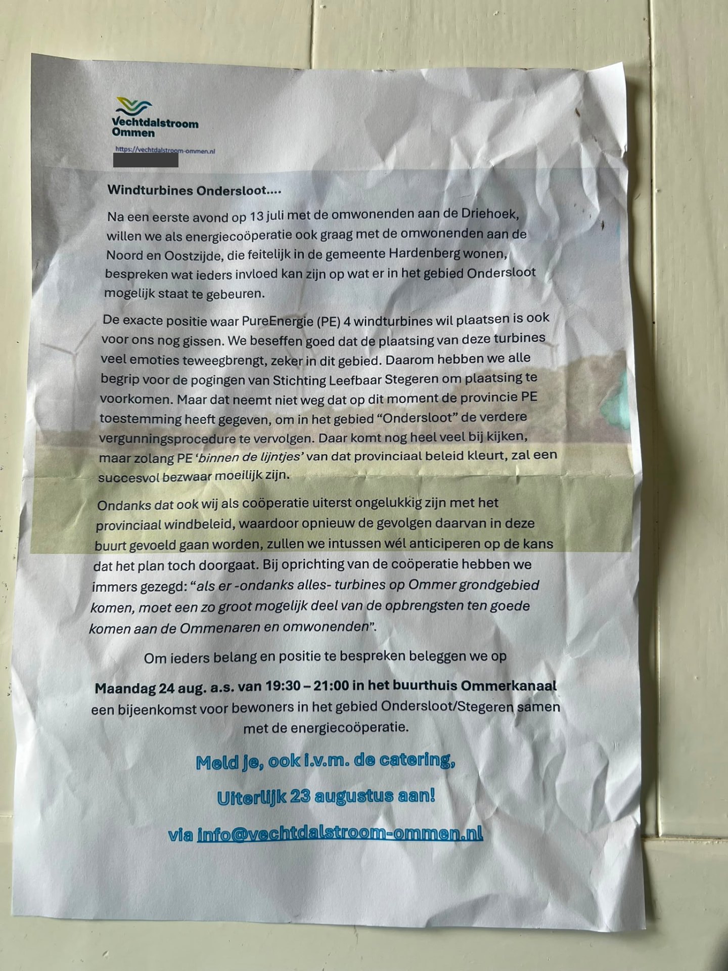 Uitnodiging van Vechtdalstroom Ommen voor een bewonersbijeenkomst over Windturbines Ondersloot op 24 augustus 2026 in buurthuis Ommerkanaal.